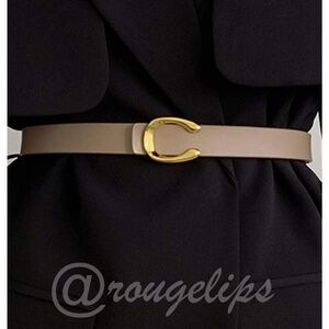 Beige Skinny Leather Belt Gold Tone C-Horseshoe buckle